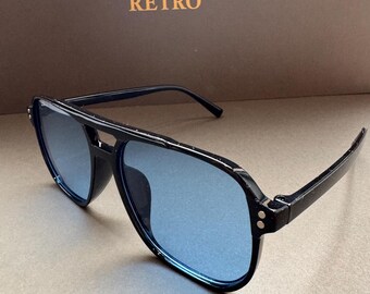 Vintage Style Sunglasses: Black Frame, Blue Lens, Retro Shades