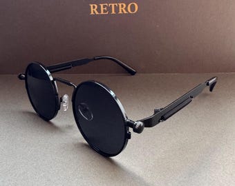 Gafas de sol redondas negras de estilo retro / Protección UV de estilo vintage