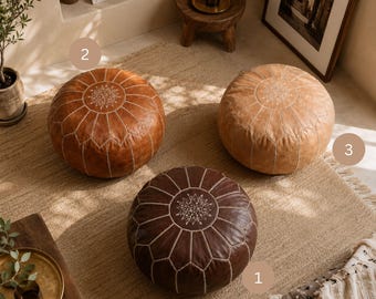 Moroccan Leather Pouf Ottoman, Handmade Genuine Leather Floor Cushion, Boho Footstool (Unstuffed)