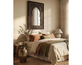 Hand Carved Cedar Wood Mirror, Moroccan Style Wall Decor