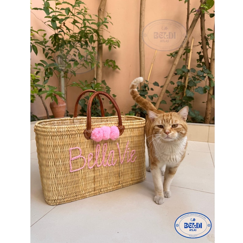 May include: Woven rectangular tote bag with brown leather handles and pink pom-poms. The bag has the embroidered text "Bella Vie" in pink. An orange tabby cat stands next to the bag.