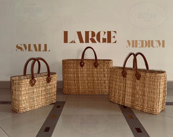 Handmade Woven Moroccan Market Basket with Leather Handles
