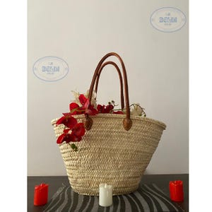 French Market Basket: Handwoven Straw Bag with Leather Handles