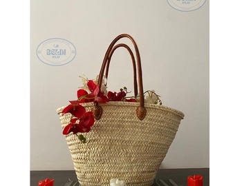 French Market Basket: Handwoven Straw Bag with Leather Handles