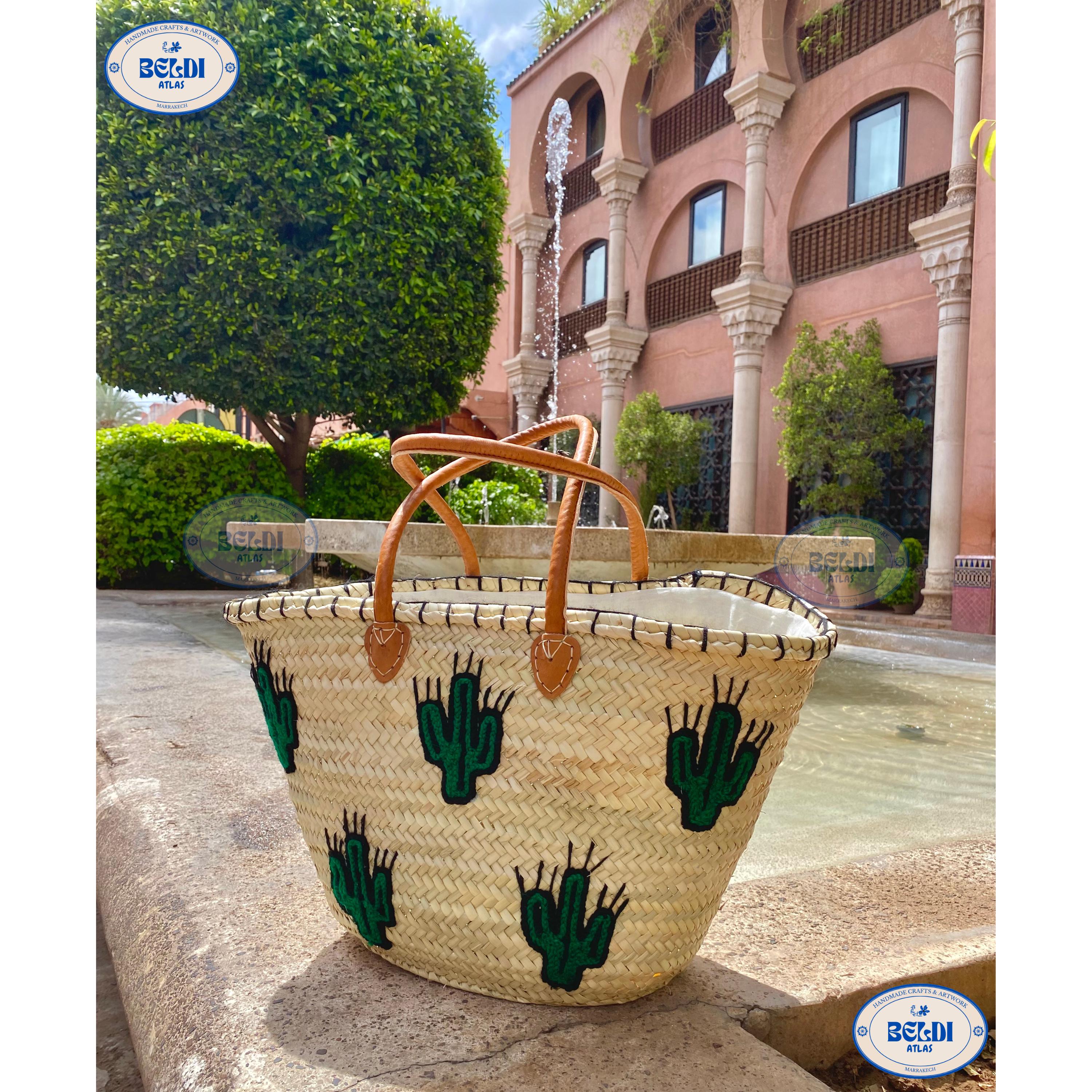 Handwoven Moroccan Cactus Tote Bag With Leather Charm New