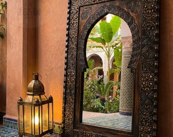 Traditional Mirror Moroccan Wood Wall Decor - Carved Atlas Cedar