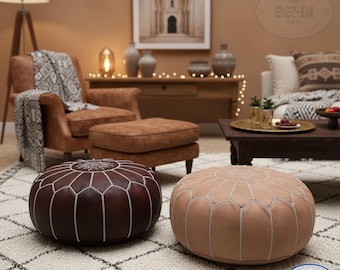 Handmade Moroccan Leather Pouf Ottoman: Boho Floor Cushion Footstool, Unstuffed