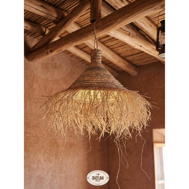 Handmade Straw Parasol Pendant Light - Boho Palm Leaf Lampshade image 5