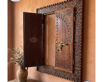 Vintage Wooden - Moroccan Carved Mirror - Decor Wood Mirror - Farmhouse Wall.