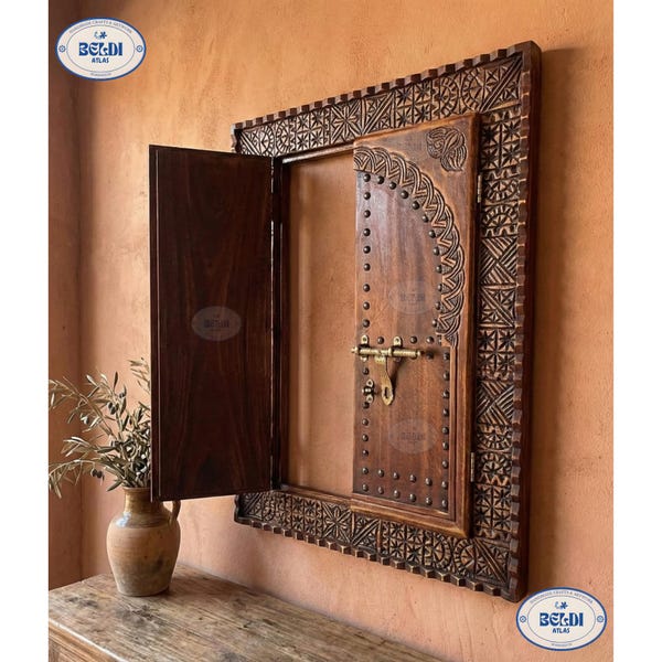 Specchio in legno vintage - Specchio marocchino intagliato - Specchio decorativo in legno - Parete in stile fattoria.