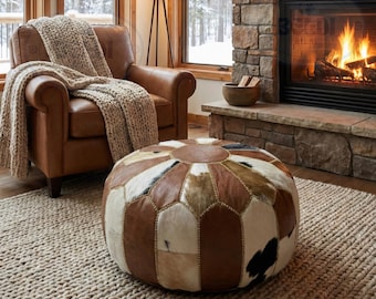 Moroccan Handmade Round Goat Hide Pouf