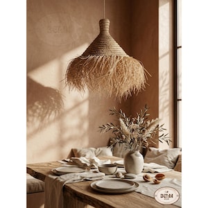 Handmade Straw Parasol Pendant Light - Boho Palm Leaf Lampshade image 4