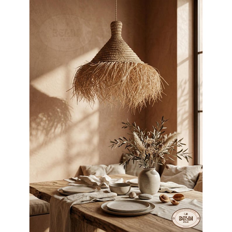 Handmade Straw Parasol Pendant Light - Boho Palm Leaf Lampshade image 4