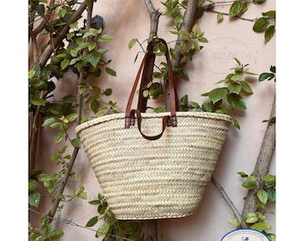 Handmade French Market Basket: Straw Bag with Leather 4 Handles