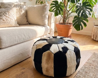 Handmade Round Black Patchwork Cowhide Pouf | Moroccan Leather Seat | Pouf Ottoman