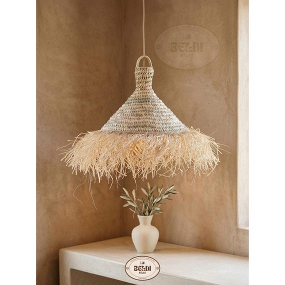 Handmade Straw Parasol Pendant Light - Boho Palm Leaf Lampshade