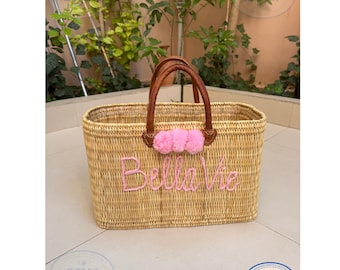 Handmade Woven Moroccan Market Basket with Leather Handles