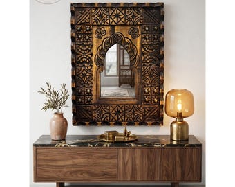 Bohemian Rustic Mirror, Brown Cedar Wooden, Moroccan Arch, Vintage Inspired Home