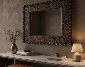 Large Hand Carved Wooden Mirror - Moroccan Mirror in Vintage Style - Old Wall