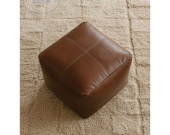 Handmade Moroccan Leather Pouf Ottoman – Dark Brown Square