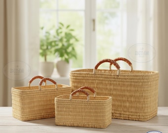 Handmade Woven Moroccan Market Basket with Leather Handles