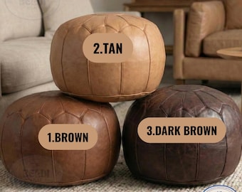 Leather Pouf XL Brown - Delivered Stuffed - Ottoman, Floor Cushion, Scandinavian leather pouffe modern