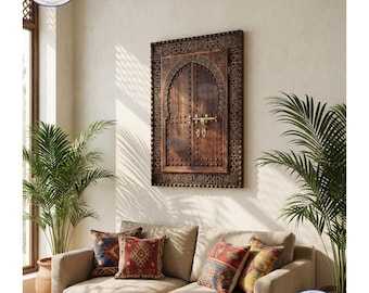 Hand-Carved Moroccan Wooden Wall Window, Arched Shutter Decor with Brass Latch