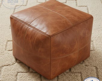 Handmade Moroccan Leather Pouf Ottoman – Brown Square Footstool, Unstuffed
