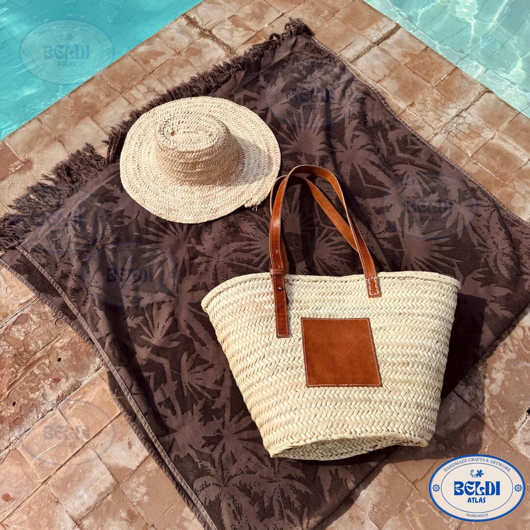 Handmade Moroccan Straw Tote: Raffia Beach Bag With Leather Handles - Etsy