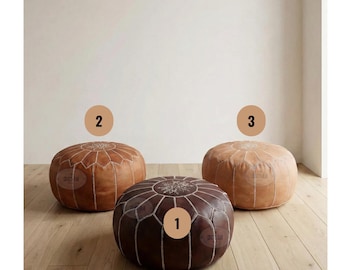 Handmade Moroccan Leather Pouf Ottoman: Neutral Round Footstool