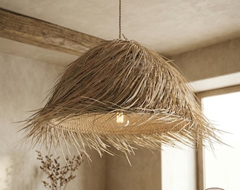 Boho lampshade rustic wicker light fixture handmade natural suspension straw pendant light fringe chandelier