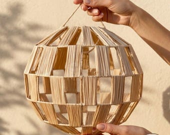 Raffia Pendant Light - Woven Globe Ceiling Lamp - Boho Ball Chandelier - Scandi Sphere Shade