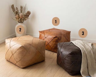 Artisanal Moroccan Leather Pouffe - Handmade Pouf - Ottoman, footstool, floor cushion