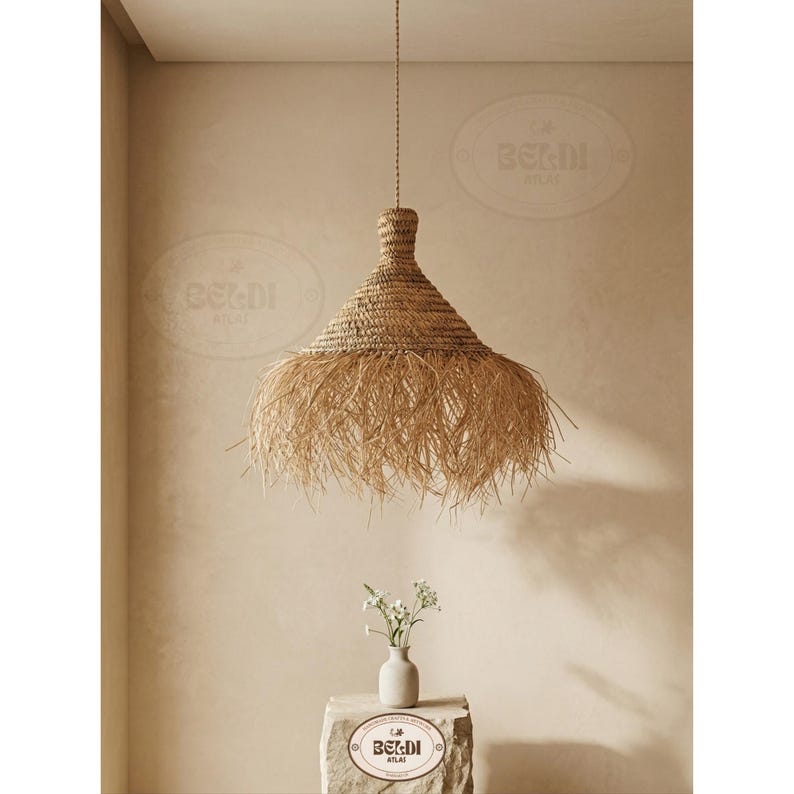 Handmade Straw Parasol Pendant Light - Boho Palm Leaf Lampshade image 3