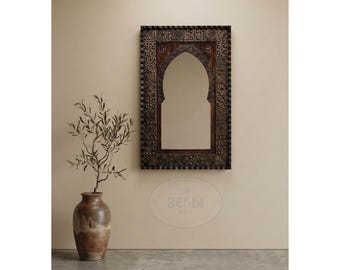 Moroccan Hand-Carved Wooden Mirror – Vintage Wall Frame