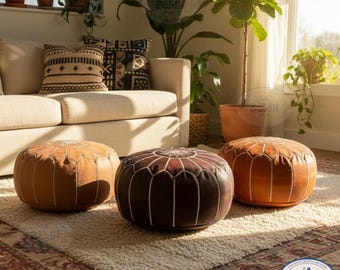 Handmade Moroccan Leather Pouf Ottoman with White Stitching