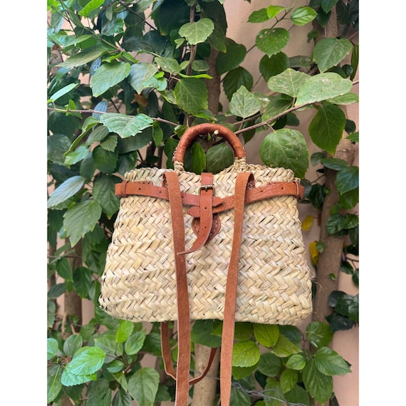 Leather Strap Moroccan Straw Bag: Handmade Woven Boho Market Tote