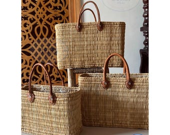 Handmade Woven Moroccan Market Basket with Leather Handles