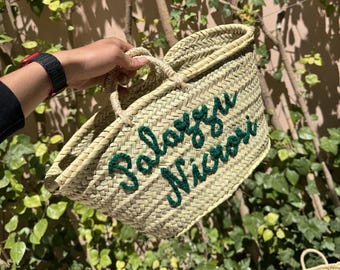 Round Straw Basket | Custom Strohkorb | Natural Palm Panier for Bachelorette Celebrations
