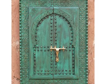 Hand-Carved Moroccan Vintage Cedar Window Panel, Brass Latch Architectural Decor