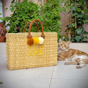 May include: A rectangular woven straw tote bag with brown leather handles and three pom-poms in brown, yellow, and white. The word "Bel" is embroidered in yellow on the front. An orange tabby cat rests nearby.