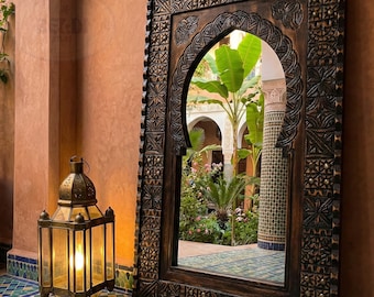 Large Hand Carved Atlas Cedar Mirror – Traditional Moroccan Wood Wall Decor