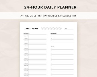 Utskrivbar 24-timmarsplanerare | Produktivitetsplanerare för hemmet, timplanerare, militär tid, mall för tidsblock, A4, A5, US Letter