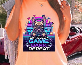 Camiseta Gamer Pug Dog Eat Sleep Game Bark Repeat | Cachorro Gamer Retrô Neon