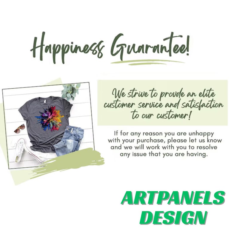 Pode incluir: Um gr&aacute;fico com o texto Happiness Guarantee! e uma declara&ccedil;&atilde;o de servi&ccedil;o ao cliente. Um destaque mostra uma camiseta cinza-escura com um gr&aacute;fico de explos&atilde;o de tinta colorida, jeans azul, t&ecirc;nis brancos e &oacute;culos. Texto ARTPANELS DESIGN.