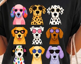 T-shirt con cani in stile Pop Art e stampa a griglia con cuccioli e occhiali da sole colorati