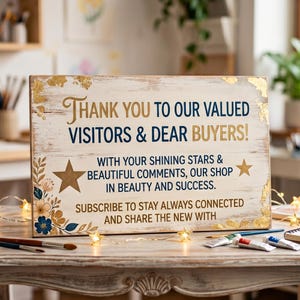Pode incluir: Uma placa retangular de madeira com acabamento branco desgastado e detalhes em folha de ouro. O texto diz: THANK YOU TO OUR VALUED VISITORS & DEAR BUYERS! WITH YOUR SHINING STARS & BEAUTIFUL COMMENTS, OUR SHOP IN BEAUTY AND SUCCESS. SUBSCRIBE TO STAY ALWAYS CONNECTED AND SHARE THE NEW WITH.