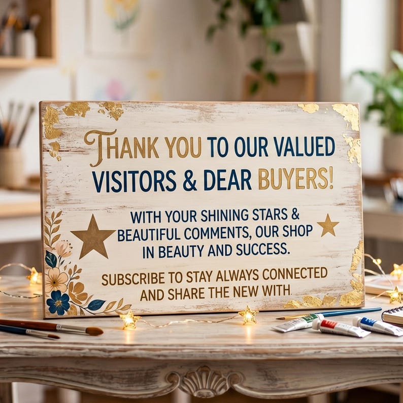Pode incluir: Uma placa retangular de madeira com acabamento branco desgastado e detalhes em folha de ouro. O texto diz: THANK YOU TO OUR VALUED VISITORS & DEAR BUYERS! WITH YOUR SHINING STARS & BEAUTIFUL COMMENTS, OUR SHOP IN BEAUTY AND SUCCESS. SUBSCRIBE TO STAY ALWAYS CONNECTED AND SHARE THE NEW WITH.