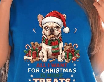 T-Shirt mit Weihnachtsmotiv und Hundemotiv, inspiriert von einer französischen Bulldogge und dem Weihnachtsmann.