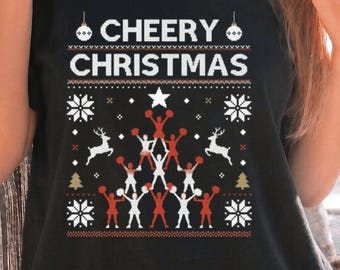 Fröhliches Weihnachts-Cheerleader-T-Shirt im Ugly-Sweater-Stil mit Grafikprint